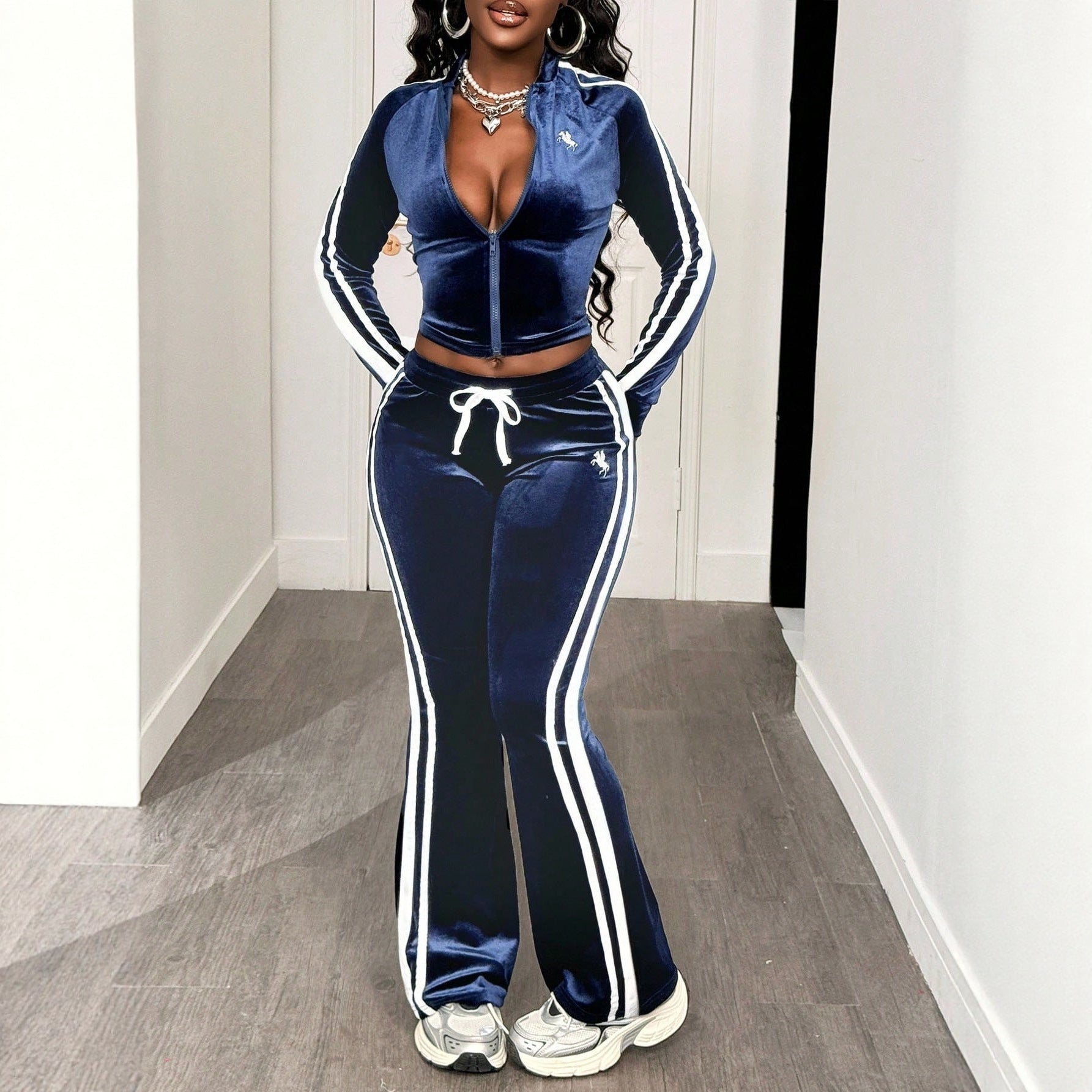 Athletic All-Match Striped Long-Sleeve Jacket And Drawstring Pants Set