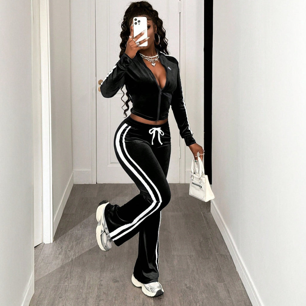 Athletic All-Match Striped Long-Sleeve Jacket And Drawstring Pants Set