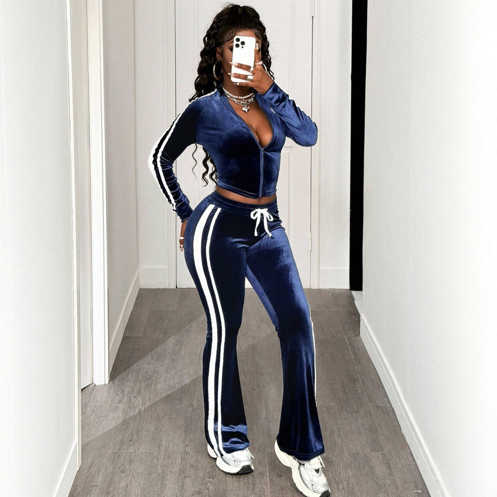 Athletic All-Match Striped Long-Sleeve Jacket And Drawstring Pants Set